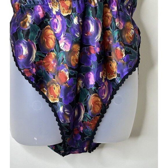 Vintage Myonne Lingerie Dark Floral Lace High Cut Silky Teddy Romper Medium Y2K - Picture 4 of 10
